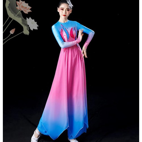 Women Fuchsia with blue Gradient Chinese folk Classical dance Costumes ancient umbrella fan performance clothing waterfall sleeves Yangge modern dance dresses